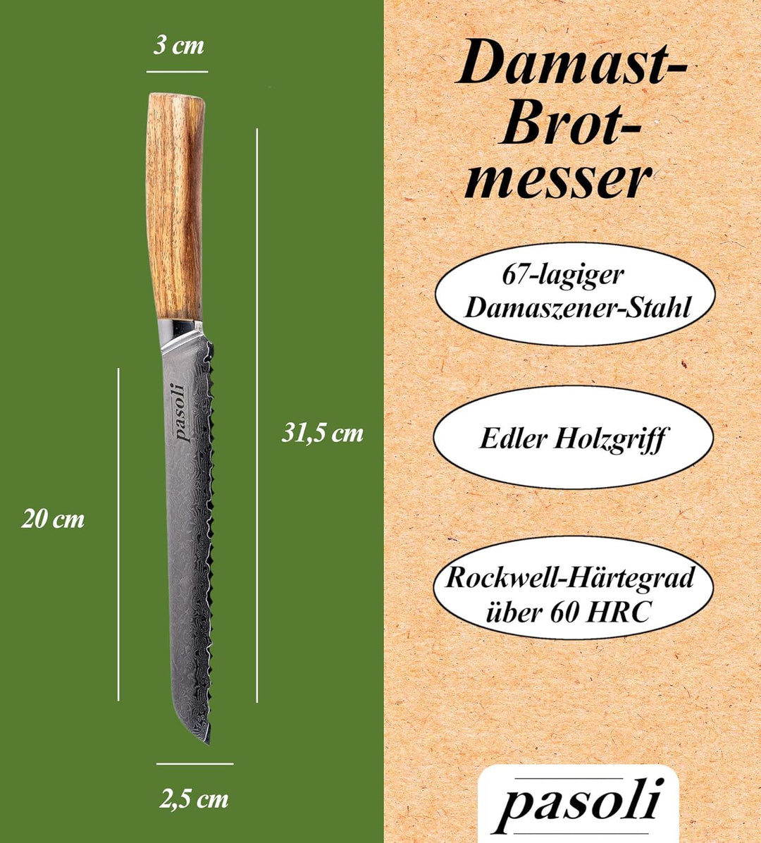 pasoli Damast Brotmesser inkl. Klingenschutz | 67-lagiger VG-10 Damaszener-Stahl | scharfe 20 cm Kli