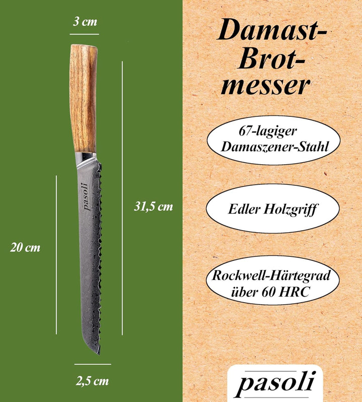 pasoli Damast Brotmesser inkl. Klingenschutz | 67-lagiger VG-10 Damaszener-Stahl | scharfe 20 cm Kli