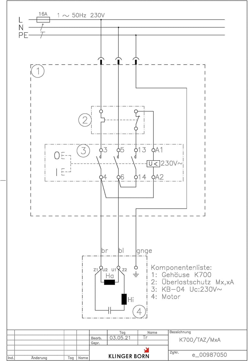 Motorschutzschalter K700 1Ph 230V/3,0kW, Überlastschutz eingestellt auf Motornennstrom, 0098.7050