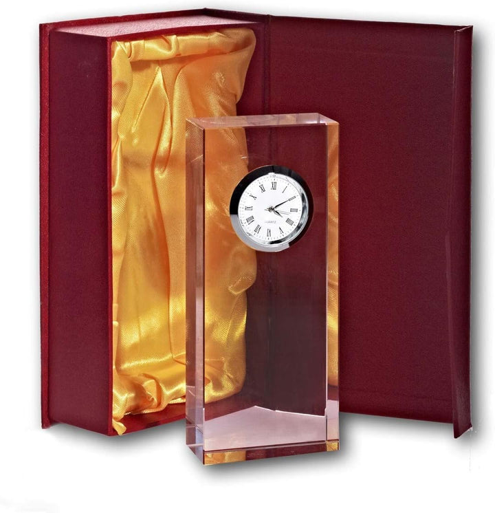 CRISTALICA Glasblockuhr Tischuhr Standuhr für Schreibisch Schrankwand 15cm analog Silber