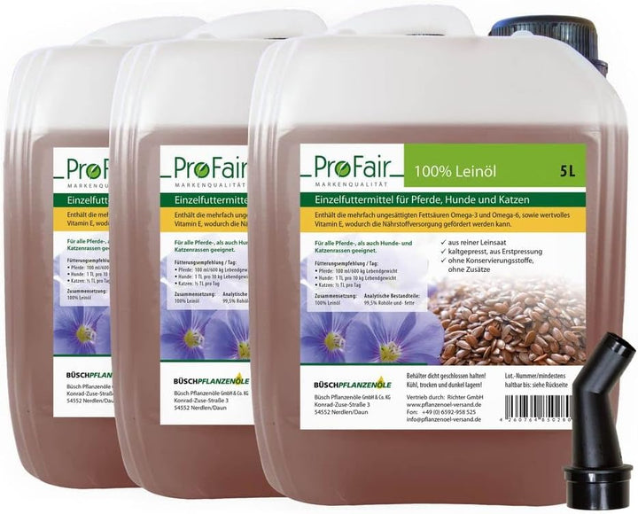 15 Liter ProFair Leinöl (3 x 5 Liter Kanister) kaltgepresst, 100% aus Reiner Leinsaat, ohne Zusätze,
