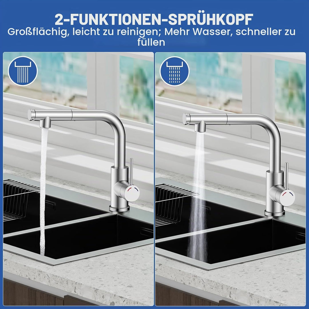 Wasserhahn Küche Ausziehbar - L-förmige Mischbatterie Küchenarmatur mit 360° Schwenkbare, 2 Modi,Hoh