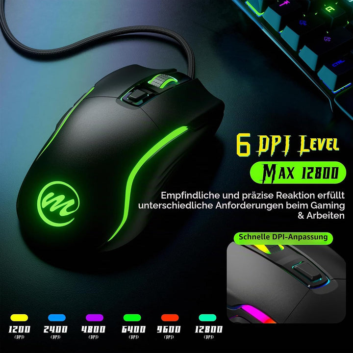 memzuoix Gaming Maus mit Kabel und LED-Lichtern – 12.800 DPI einstellbar, 6 Tasten, 12 RGB-Modi, Erg