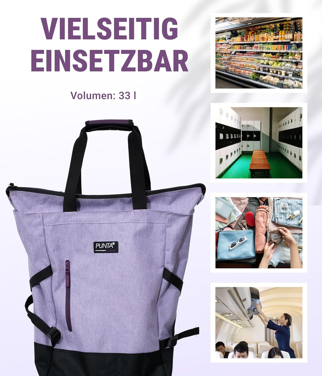 Punta® Einkaufstrolley 33L Flieder | Einkaufstrolley modern mit Skater-Rollen – leise & leichtgängig