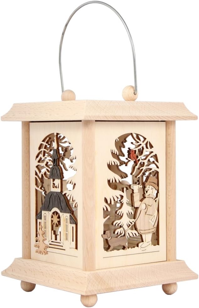 Drechslerei Kuhnert Tischlaterne/Teelichthalter - Motiv: Seiffen aus Edelholz - Masse: 11,5 x 11,5 x