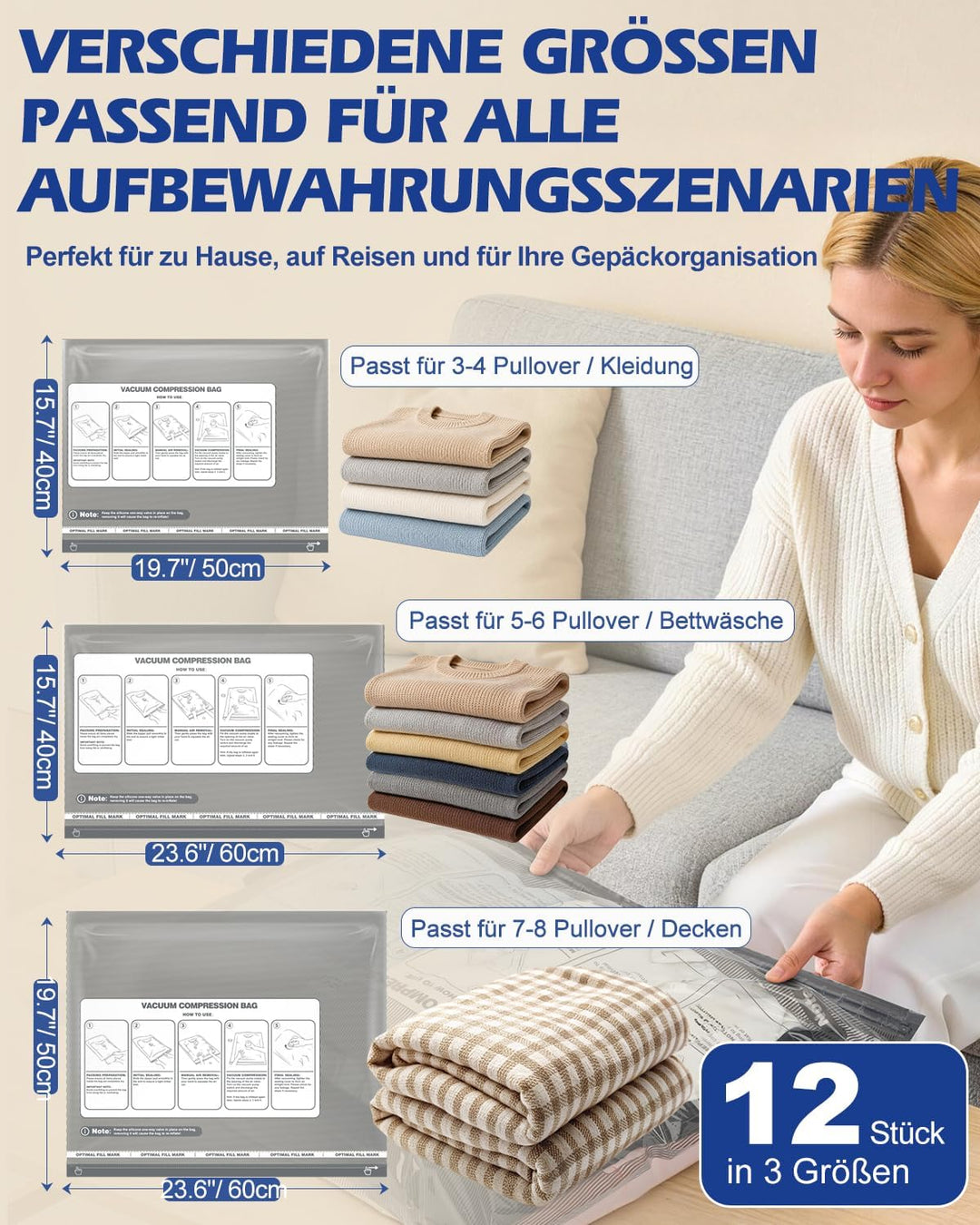 Fantictas Vakuumbeutel für Kleidung 12 Stück mit Kabelloser Vakuumpumpe, 3 Grössen (4x40×50cm, 4x40×