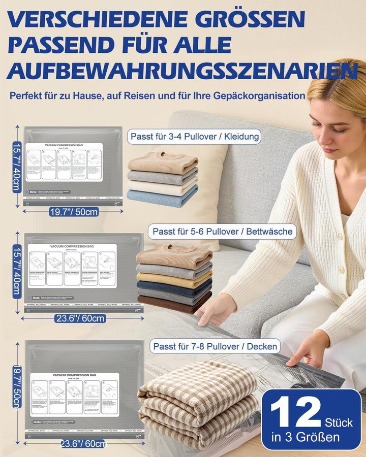 Fantictas Vakuumbeutel für Kleidung 12 Stück mit Kabelloser Vakuumpumpe, 3 Grössen (4x40×50cm, 4x40×