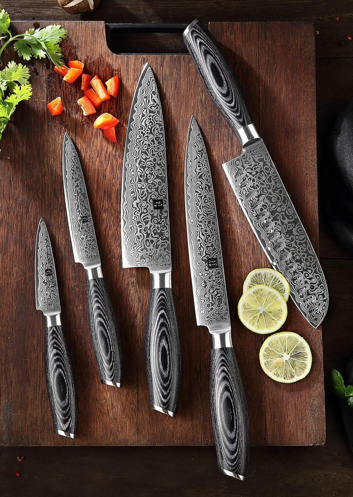 XINZUO 67 Schichten Damaststahl 5er Küchenmesser Set-Pakkaholz Griff mit Profi Schwarze Messertasche