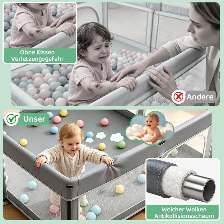 Laufstall Baby Robustes Laufgitter Playpen,Baby Gitter mit 4 Reissverschlusstür &amp; Starker Saugnapf |
