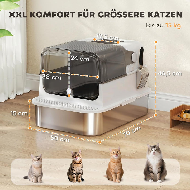 PawHut Katzenklo XXL Edelstahl mit Deckel 52L für grosse Katzen Weiss | Katzentoilette für Mehrere K