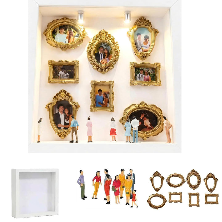 DIY Mini Museum Bilderrahmen mit LED Licht, Silhouettenbox Set mit 8 Mini Goldrahmen &amp; Figuren, 3D E