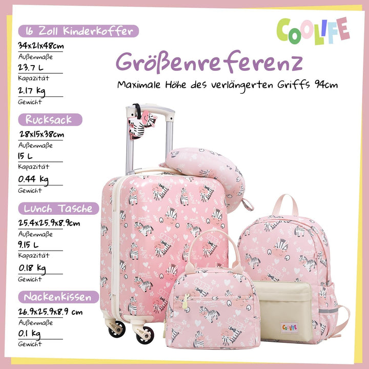 COOLIFE 5tlg Kinderkoffer mit Rucksack, Kindertrolley aus Kunststoff, Kindergepäck, Kinder Kofferset