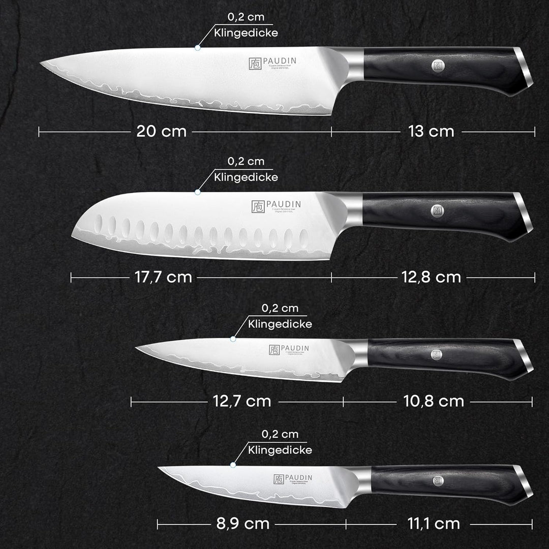 PAUDIN Messerset 4 teilig Küchenmesser Set Kochmesser Santokumesser Allzweckmesser Gemüsemesser prof