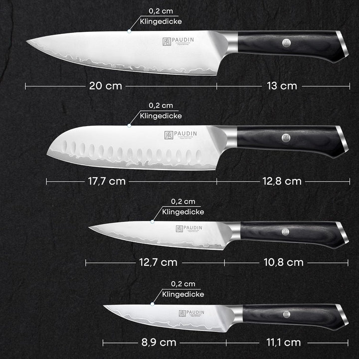 PAUDIN Messerset 4 teilig Küchenmesser Set Kochmesser Santokumesser Allzweckmesser Gemüsemesser prof