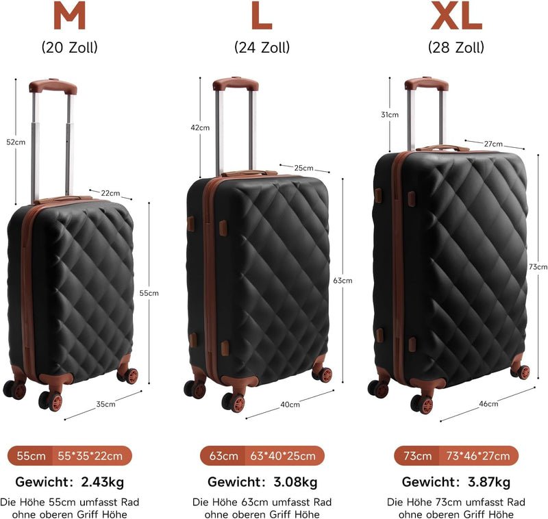 HOMELUX Kofferset 3 Teilig Hartschale Reisekoffer ABS Leicht Trolley Rollkoffer Hartschalenkoffer Se