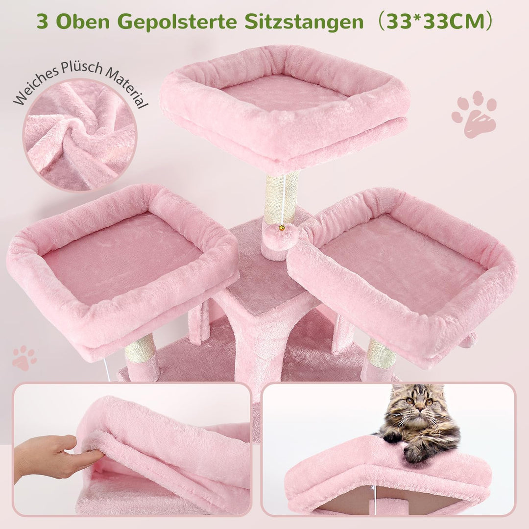 Globlazer Kratzbaum Rosa Stabil 174 cm mit 3 Gepolsterte Sitzstangen, 2 Katzenhaus, 2 Korb, Abnehmba