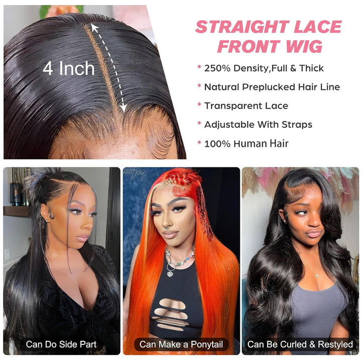 Echthaar Perücke 200% Dichte Straight Perücken Echthaar Damen, 13x4 Transparent Lace Front Human Hai