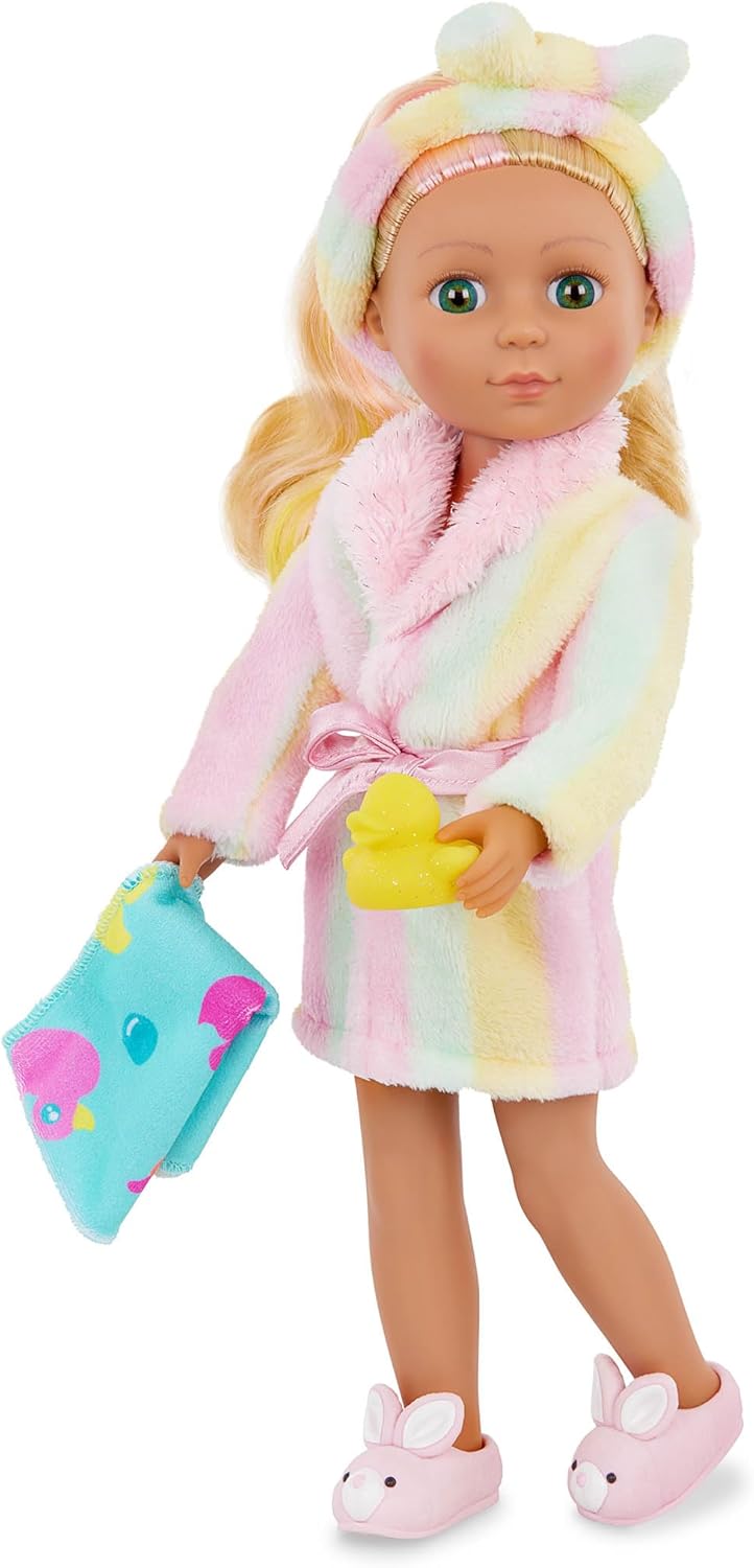 Glitter Girls - 36 cm Puppenkleidung - Badeoutfit mit Hausschuhen - Regenbogen Bademantel, Handtuch