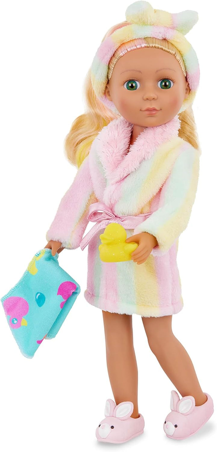 Glitter Girls - 36 cm Puppenkleidung - Badeoutfit mit Hausschuhen - Regenbogen Bademantel, Handtuch