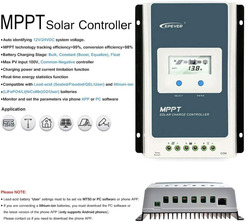 EPEVER 30A MPPT Solar Laderegler 12V 24V DC Automatisch Identifizierung mit LCD-Display Hintergrundb