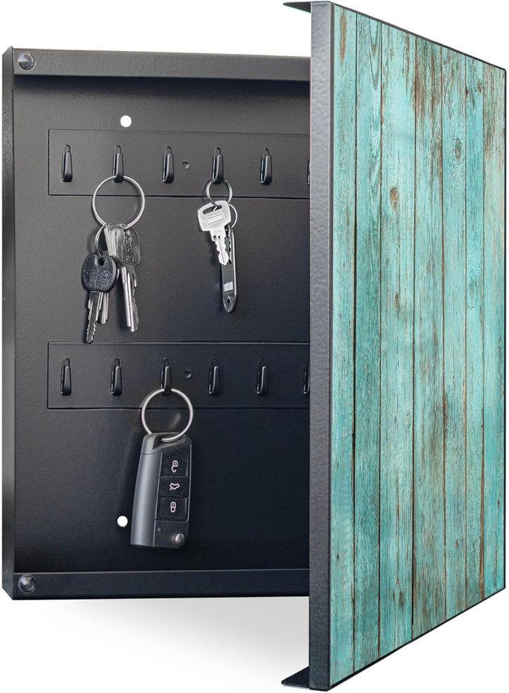 banjado® Grosser Schlüsselkasten Glas/Schlüsselbox 30cm x 30cm mit 50 Haken - Motiv Blaues Holz/Schl