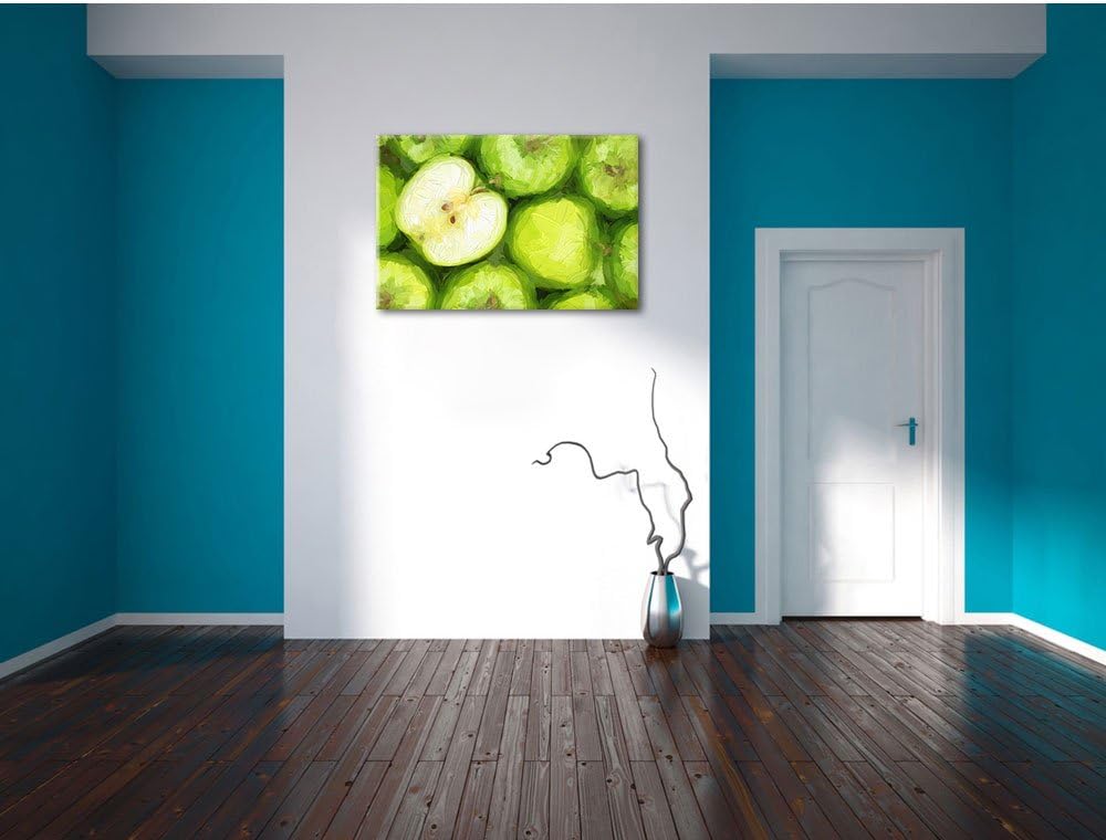 Grüne Äpfel Pinsel Effekt, Format: 100x70 auf Leinwand, XXL riesige Bilder fertig gerahmt mit Keilra