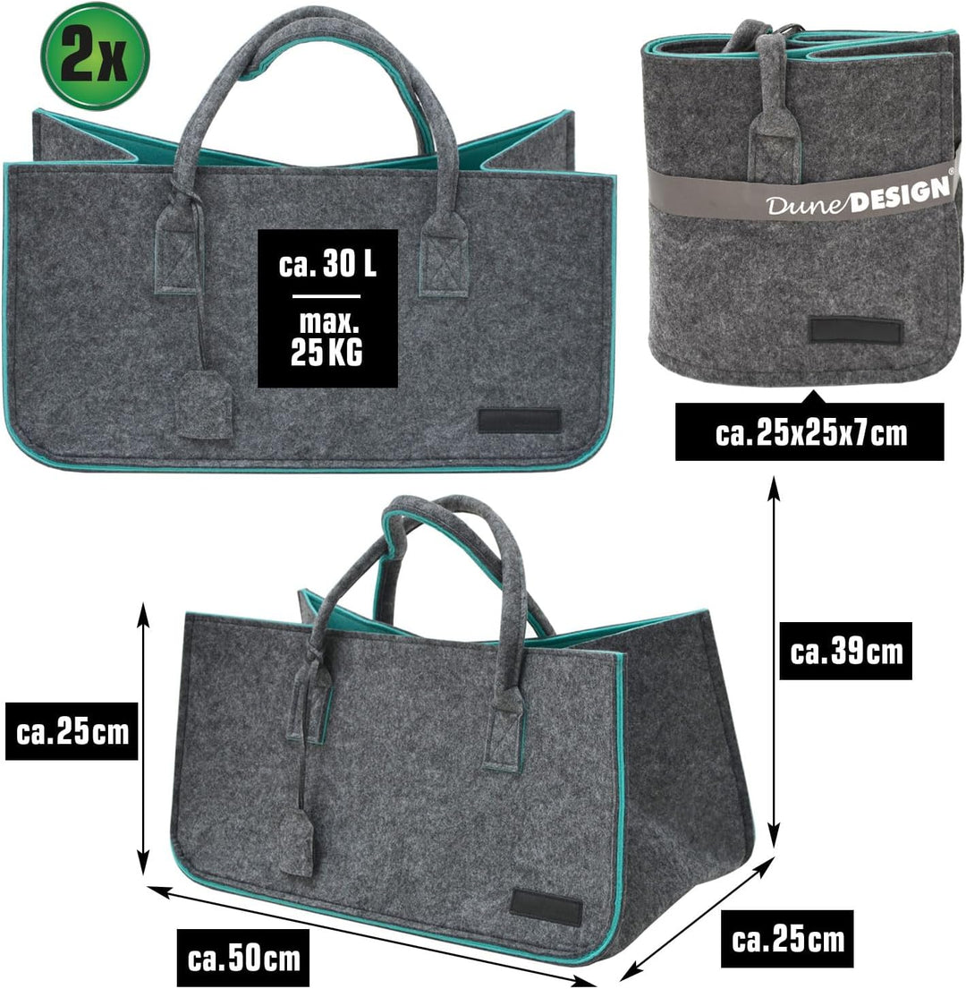 DuneDesign 2er Set: Schwerlast Shopping Bag Filz XXL - 50x25x25 Filztasche Gross - Kamintasche für H