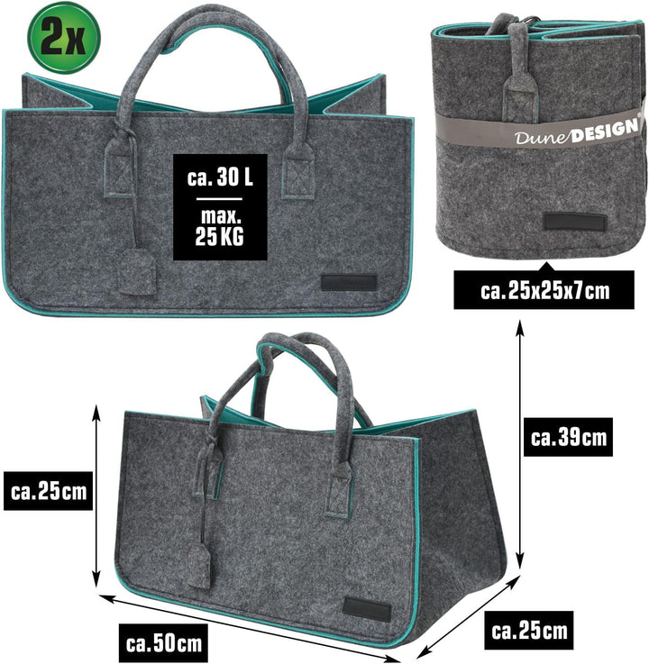 DuneDesign 2er Set: Schwerlast Shopping Bag Filz XXL - 50x25x25 Filztasche Gross - Kamintasche für H