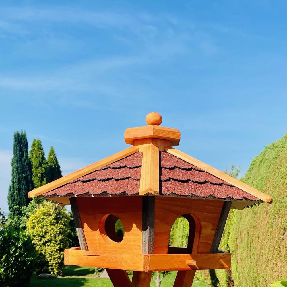 Vogel Futter Haus L oder XL Sechseck Holz Vogelhaus Futterstelle Braun/Blau, Rot, Schwarz und Grün (