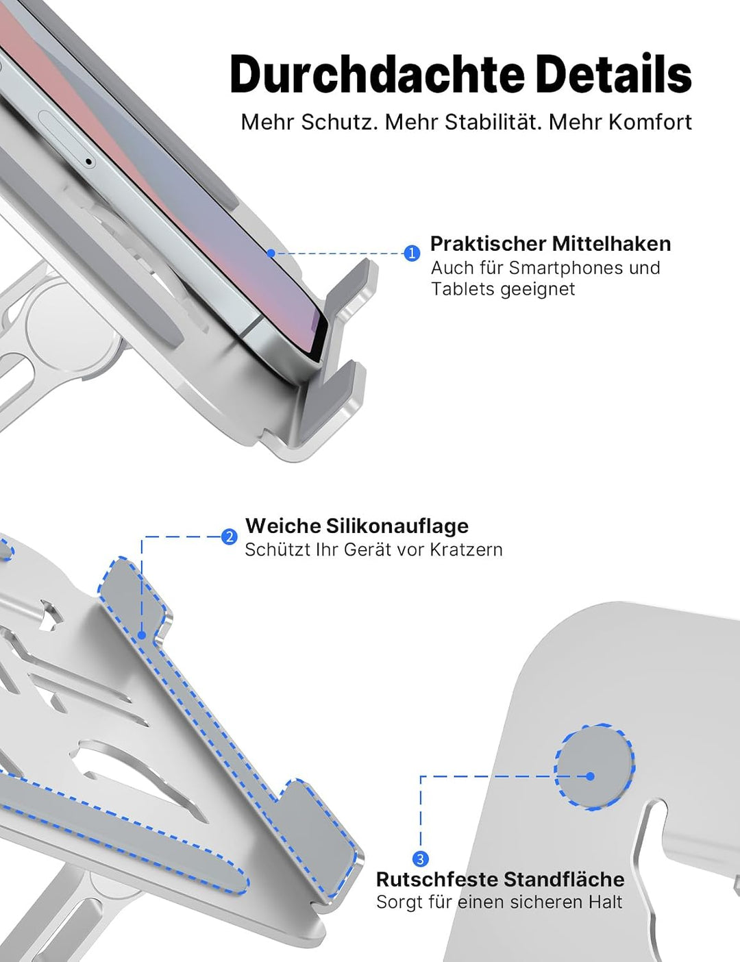 Ergonomischer Laptop Ständer aus Aluminium, Höhenverstellbar &amp; Faltbar, Stabil &amp; rutschfest, Verbess