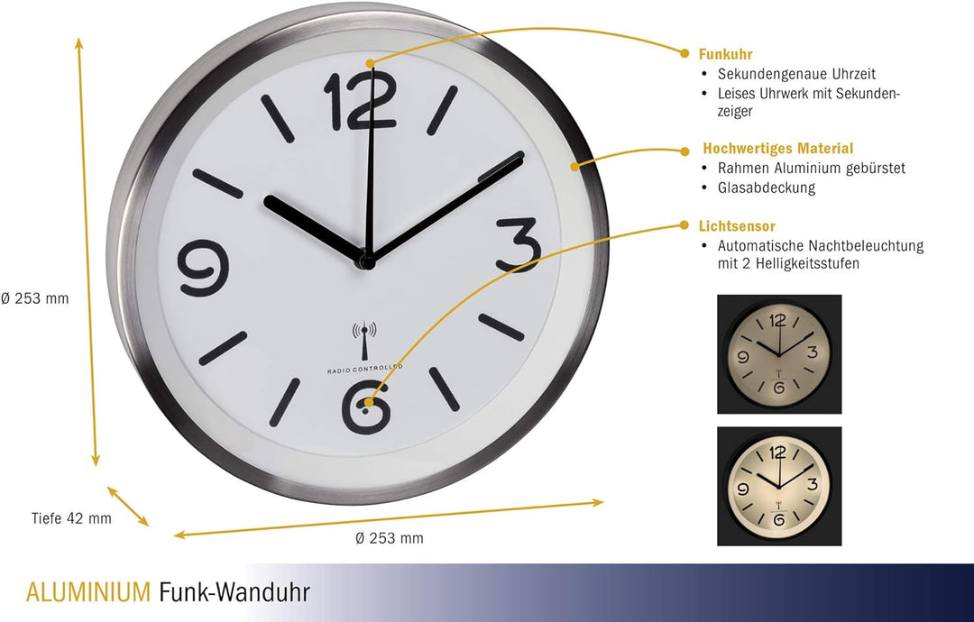 TFA Dostmann Analoge Funk-Wanduhr, 60.3535, mit Nachtbeleuchtung, leises Uhrwerk mit Sekundenzeiger,