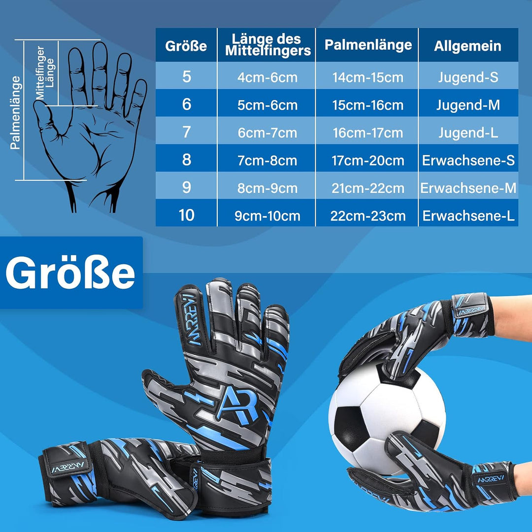 Anrrew Fussball Torwarthandschuhe mit Fingerschutz und doppeltem Handgelenkschutz. Torwarthandschuhe