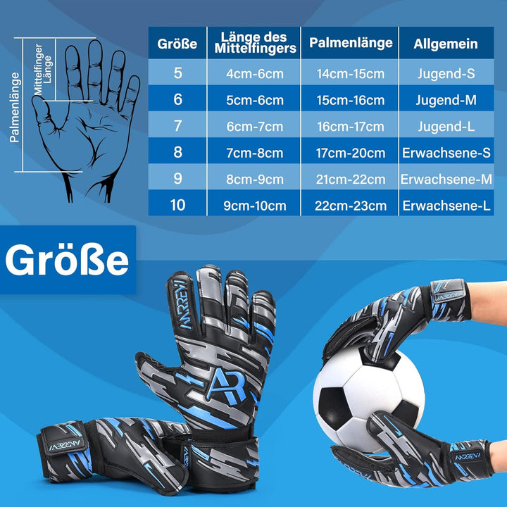 Anrrew Fussball Torwarthandschuhe mit Fingerschutz und doppeltem Handgelenkschutz. Torwarthandschuhe