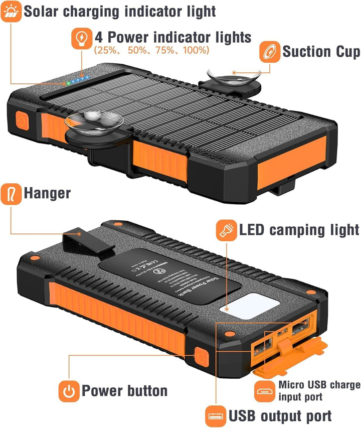 Solar Powerbank 26800 mAh mit Saugnapfhalterung, Powerbank Externe Akkus 3 USB Anschlüsse mit Tasche