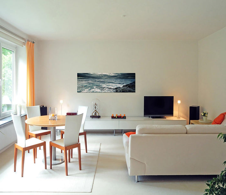Paul Sinus Art Panoramabild auf Leinwand und Keilrahmen 150x50cm Ozean Meer Sturm Felsen Wellen Wolk