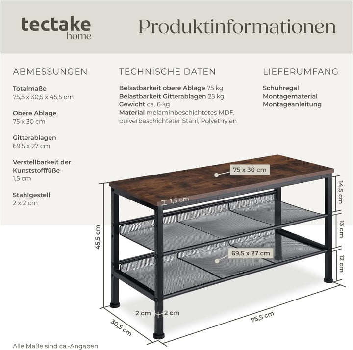 tectake® Schuhregal schmal mit Sitzfläche, Schuhbank 3 Ebenen, 2 Gitterablagen, Schuhregal platzspar