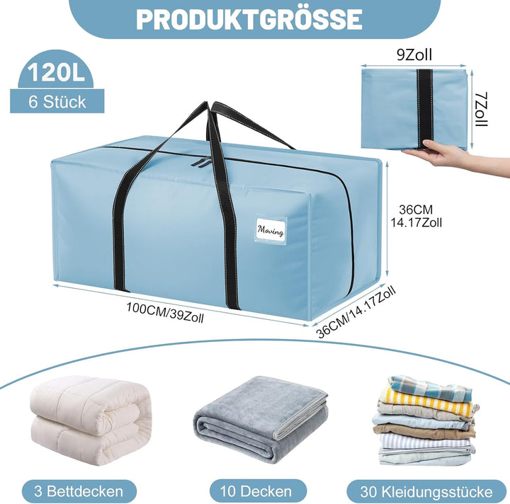 Dntorx 6 Stück 120L Aufbewahrungstasche, Heavy-Duty Umzugstaschen Wasserdicht Umzugskartons Grosse m