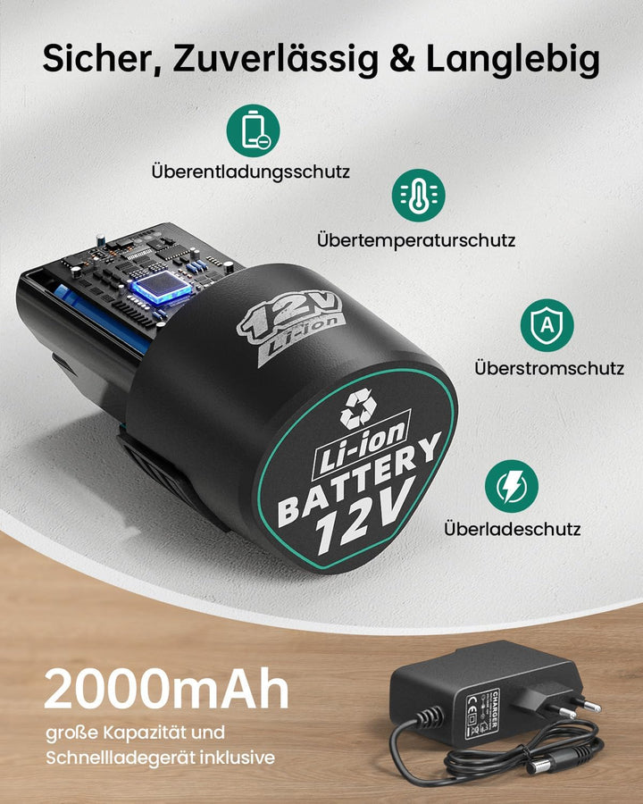 VIWKO 12V Akkuschrauber, 2000 mAh Akkuschrauber Klein, 98tlg Zubehör Akku Bohrschrauber, 25+1 Drehmo