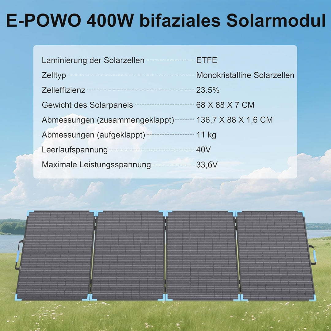 400W Bifacial Solarpanel Faltbar, Tragbares Monokristallines mit 23,5% Wirkungsgrad, IP68 Wasserdich