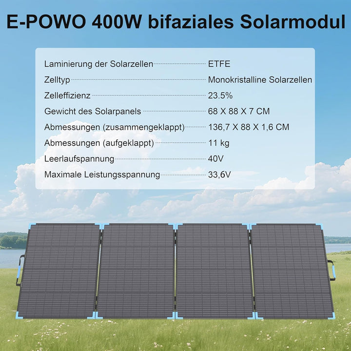 400W Bifacial Solarpanel Faltbar, Tragbares Monokristallines mit 23,5% Wirkungsgrad, IP68 Wasserdich