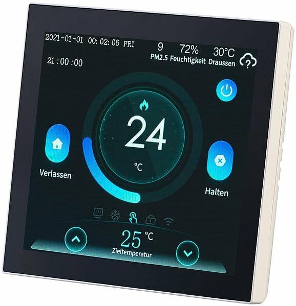 revolt Thermostat Fussboden: WLAN-Fussbodenheizung-Thermostat mit Touchdisplay, Feinstaub-Anzeige (F