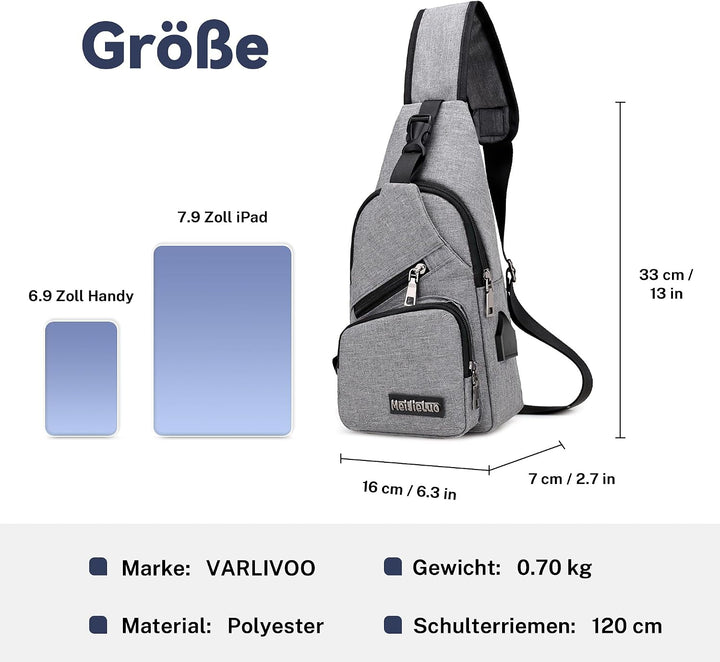 VARLIVOO Herren Sling Bag mit USB Port Crossbody Bag Diebstahlsicherung Schultertaschen Reise Wander
