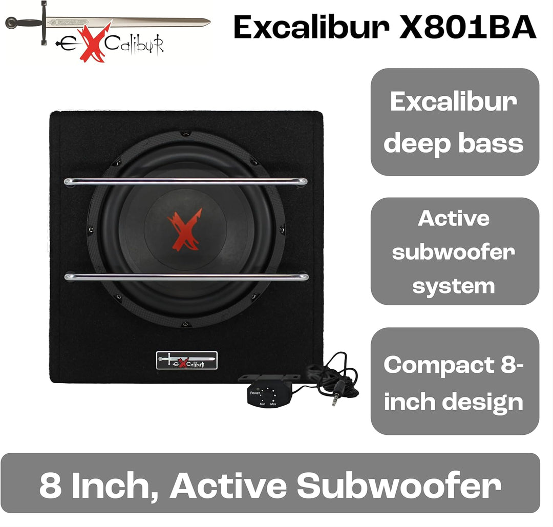 Excalibur X801BA, 8 Zoll Aktiver Auto Subwoofer, Integrierter Verstärker, Untersitz-Bassbox mit Clas