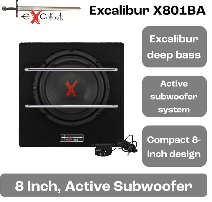 Excalibur X801BA, 8 Zoll Aktiver Auto Subwoofer, Integrierter Verstärker, Untersitz-Bassbox mit Clas