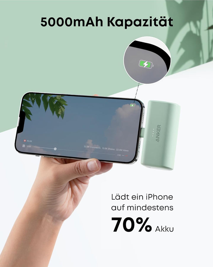 Anker 621 Powerbank mit integriertem Lightning-Stecker, 5.000 mAh MFi-zertifizierter 12W externer Ha