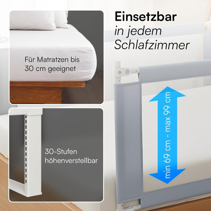 Bellabino Drina Rausfallschutz – Bettschutzgitter Boxspringbett – Bettgitter 180 cm Hellgrau – Baby