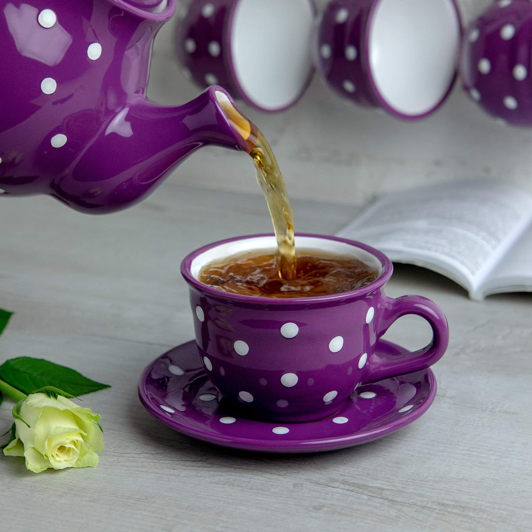City to Cottage - Keramik Kaffebecher Teetasse 350 ml, Lila und Weiss Polka Dots, Handgemacht Kaffee