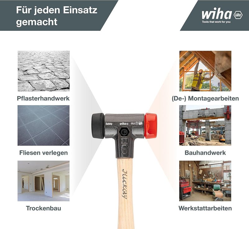 Wiha Schonhammer Safety mittelweich und hart (26612) I Gummihammer mit hochwertigem Hickory Holzstie