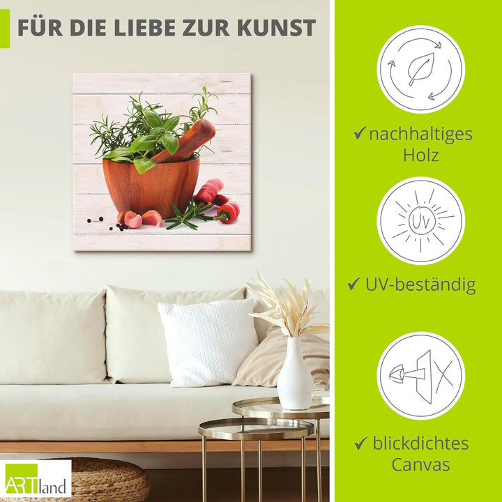 ARTland Leinwandbilder Wandbild Bild auf Leinwand 40x40 cm Stillleben Kräuter Gewürze Chili Mörser H