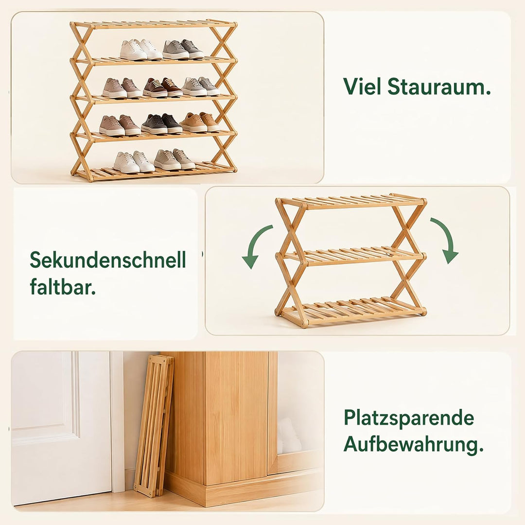 Schuhregal, 4-stöckig, aus Bambus, zusammenklappbar, freistehendes Regal für den Eingangsbereich, da